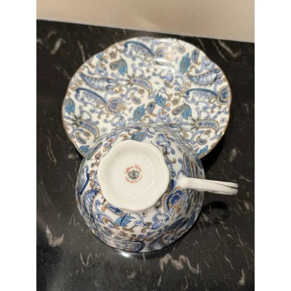 Vintage Blue Paisley By Lefton Cups And Saucers & Teapot For Four
